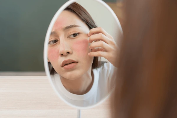 Woman examining skin redness in the mirror, illustrating potential side effects and risks of FaceTite treatment