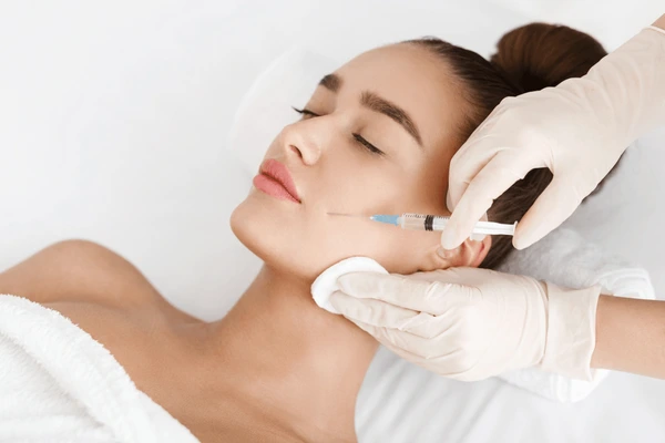 juvederm-ultra-xc-injectable-during-procedure Practitioner performing Juvederm Ultra XC injection during treatment to enhance cheek volume