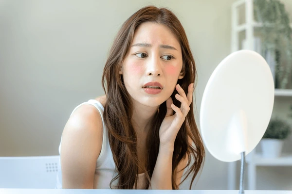 Concerned young woman looking at her skin in the mirror, highlighting potential side effects and risks of LED LightStim therapy