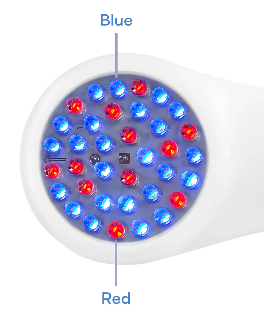 LightStim therapy device with red and blue LED lights for skin treatments.