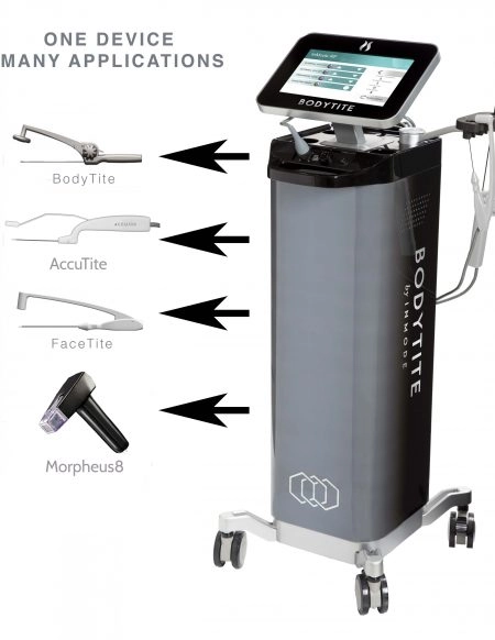 Quantum RF InMode device showcasing BodyTite, FaceTite, and Morpheus8 as similar procedures for various applications.