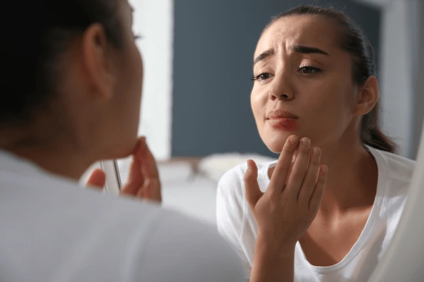 Woman concerned about potential side effects after receiving Restylane Silk injection for lip enhancement treatment