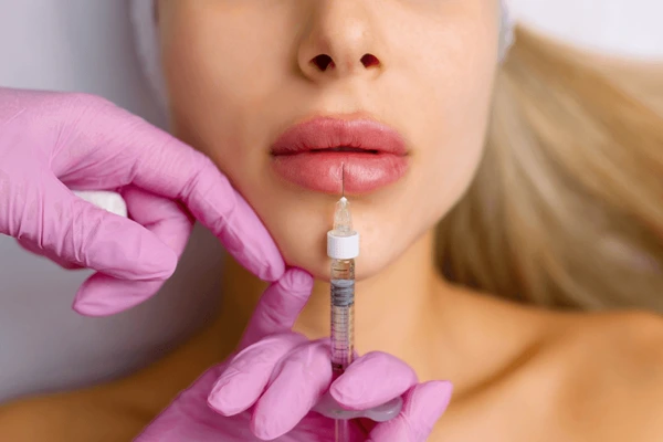 Close-up of a professional performing a related lip filler procedure similar to Juvederm Volbella XC for natural enhancement