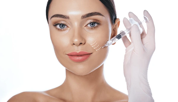 Woman receiving Restylane Defyne injection targeting nasolabial folds and cheeks for youthful, lifted facial contouring